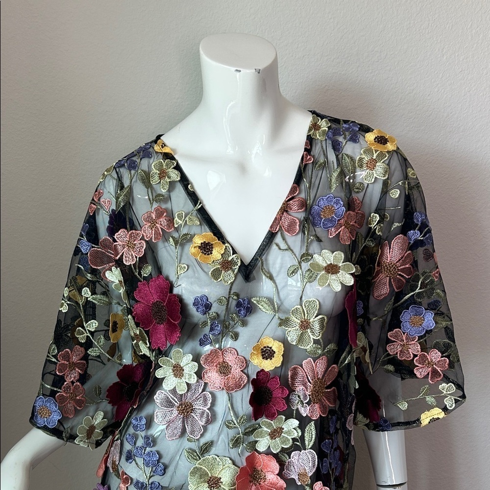 Tela Black Sheer Floral Summer Mini Dress 3D florals size L - Picture 4 of 11